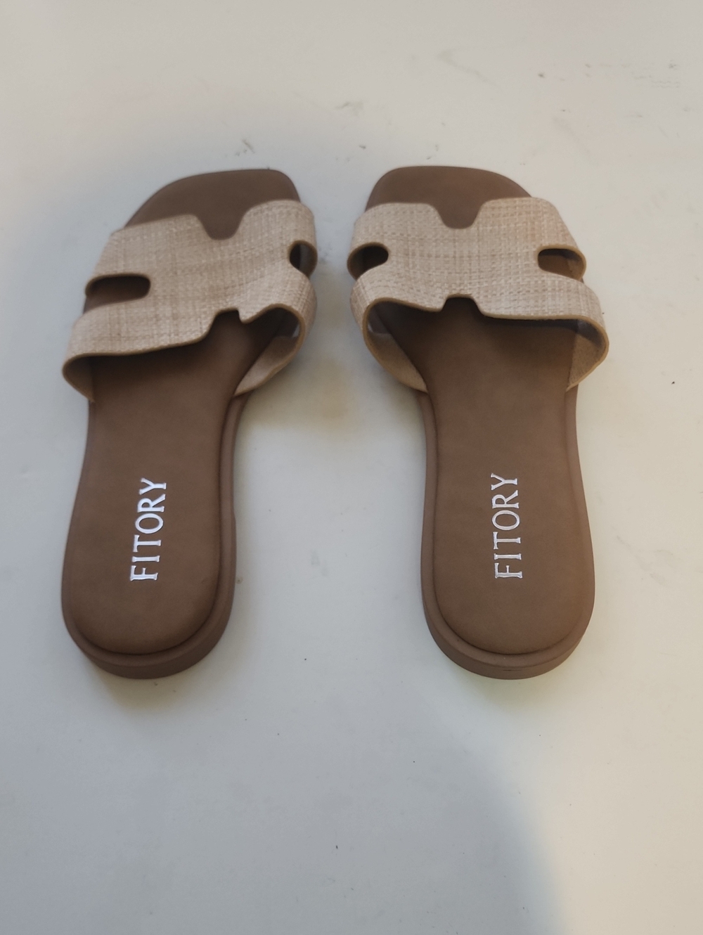 FITORY Tan Woven Slide Sandals for Women
